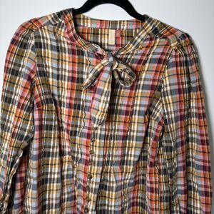 Pilcro Anthropologie XS Plaid Blouse Tie Neck Pleated Cotton Button Front Top